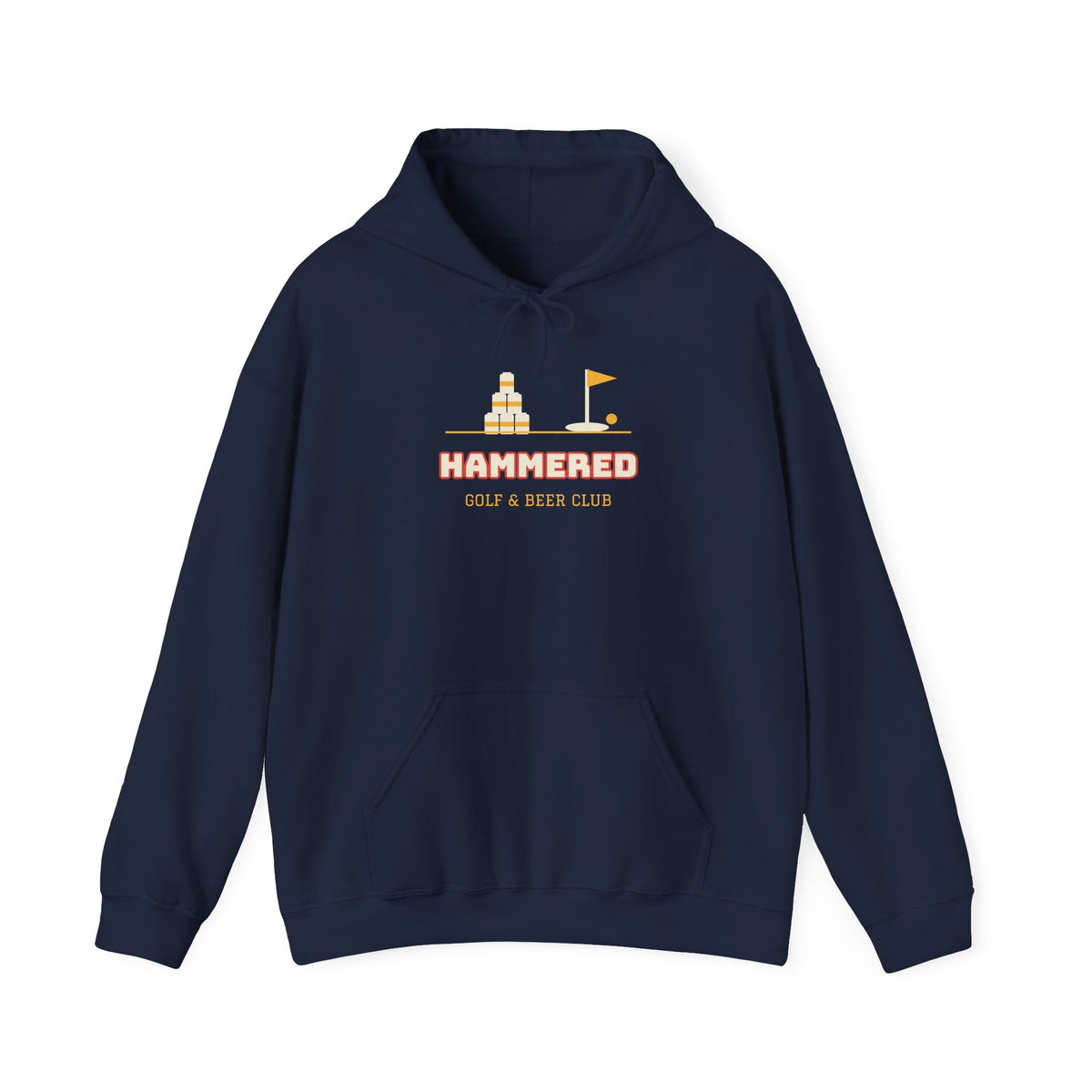 Navy pullover hoodie with front pocket, drawstring hood, and HAMMERED logo print