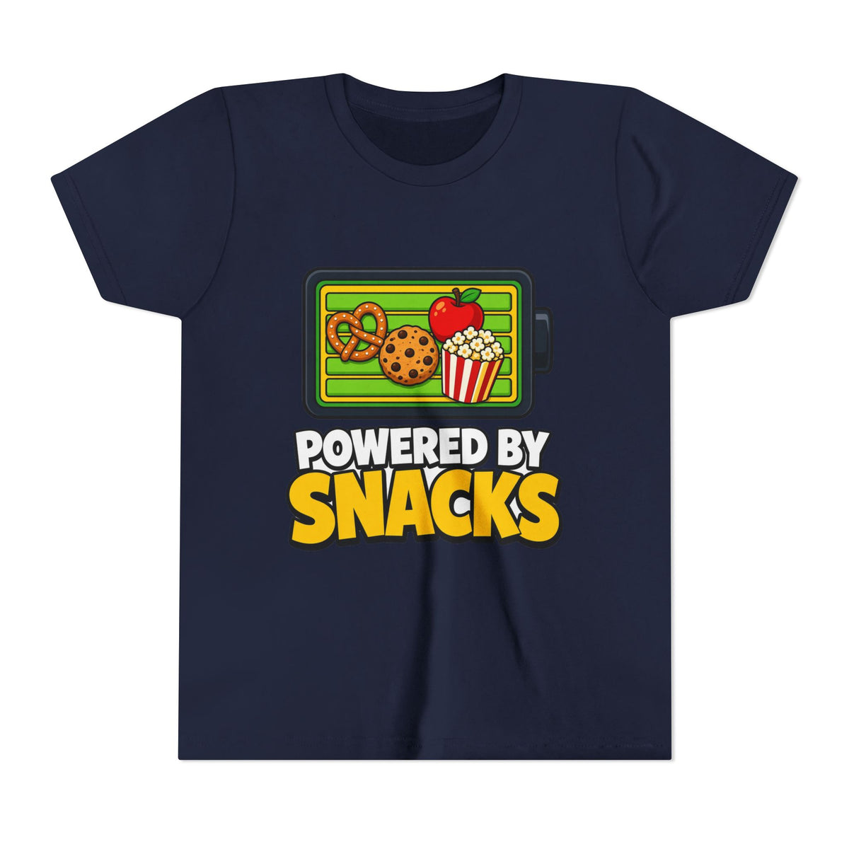 Navy kids graphic T-shirt with snack-themed logo front