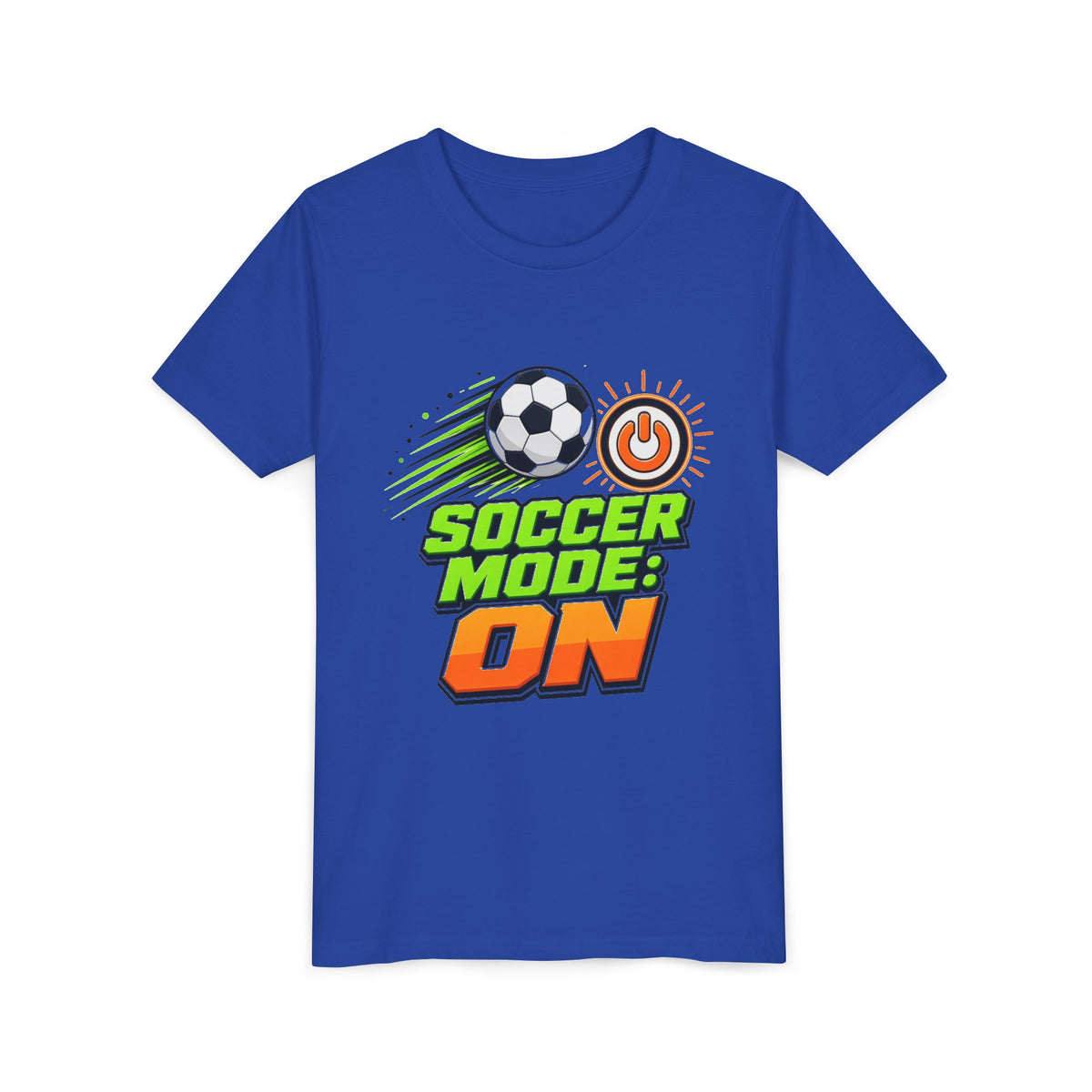 Kids True Royal blue graphic soccer tee with soccer ball and power “ON” icon