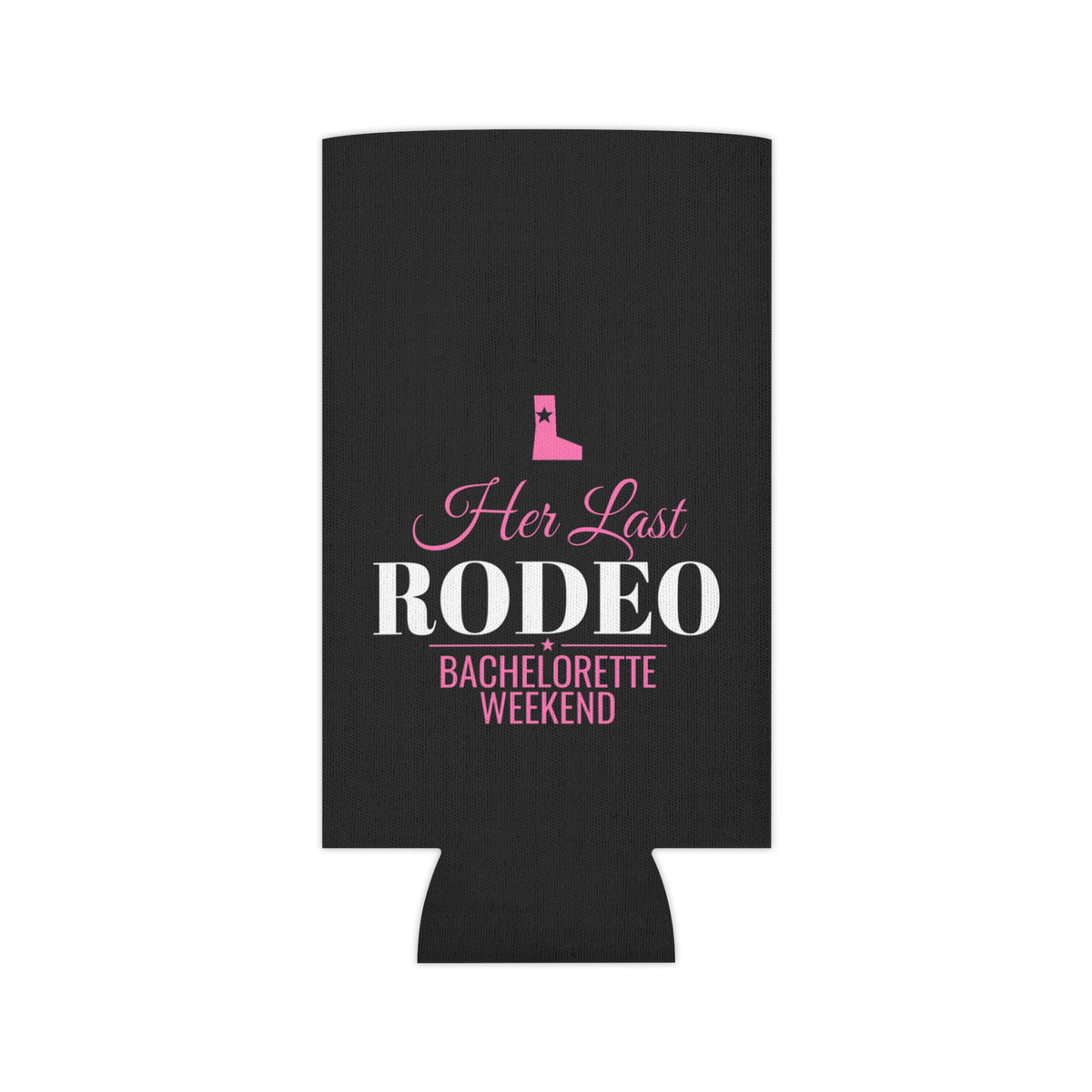 Black can cooler with centered 'Her Last RODEO' bachelorette weekend design