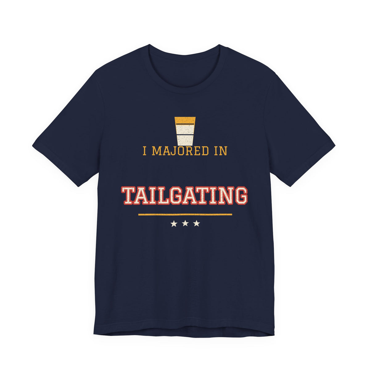 Navy graphic T-shirt with “I majored in Tailgating” print