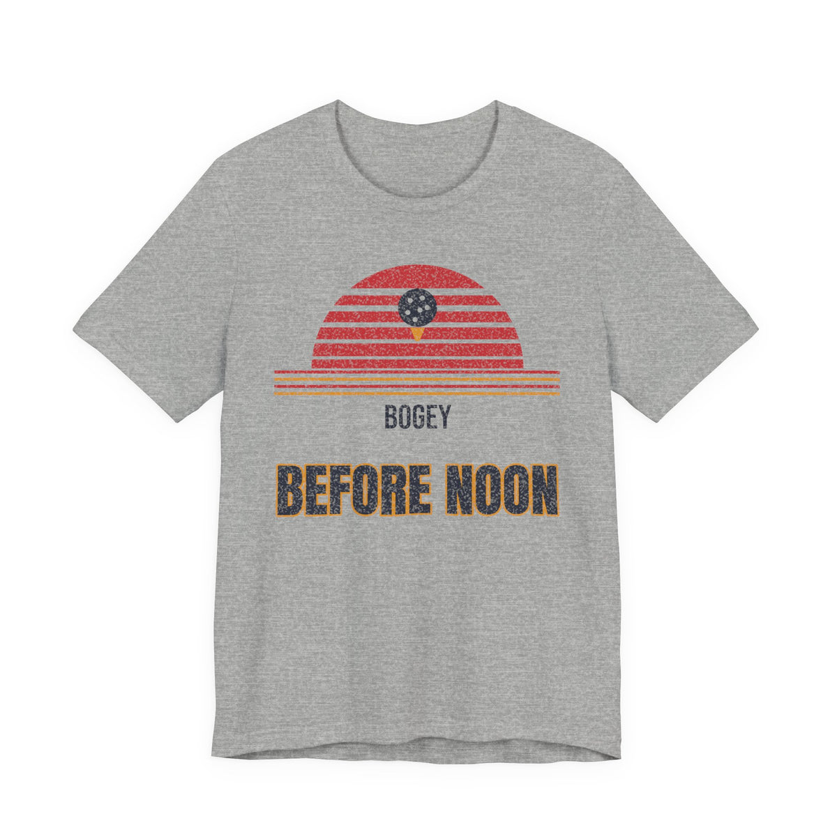 Heather gray t-shirt with red golf-striped graphic and text: BOGEY BEFORE NOON