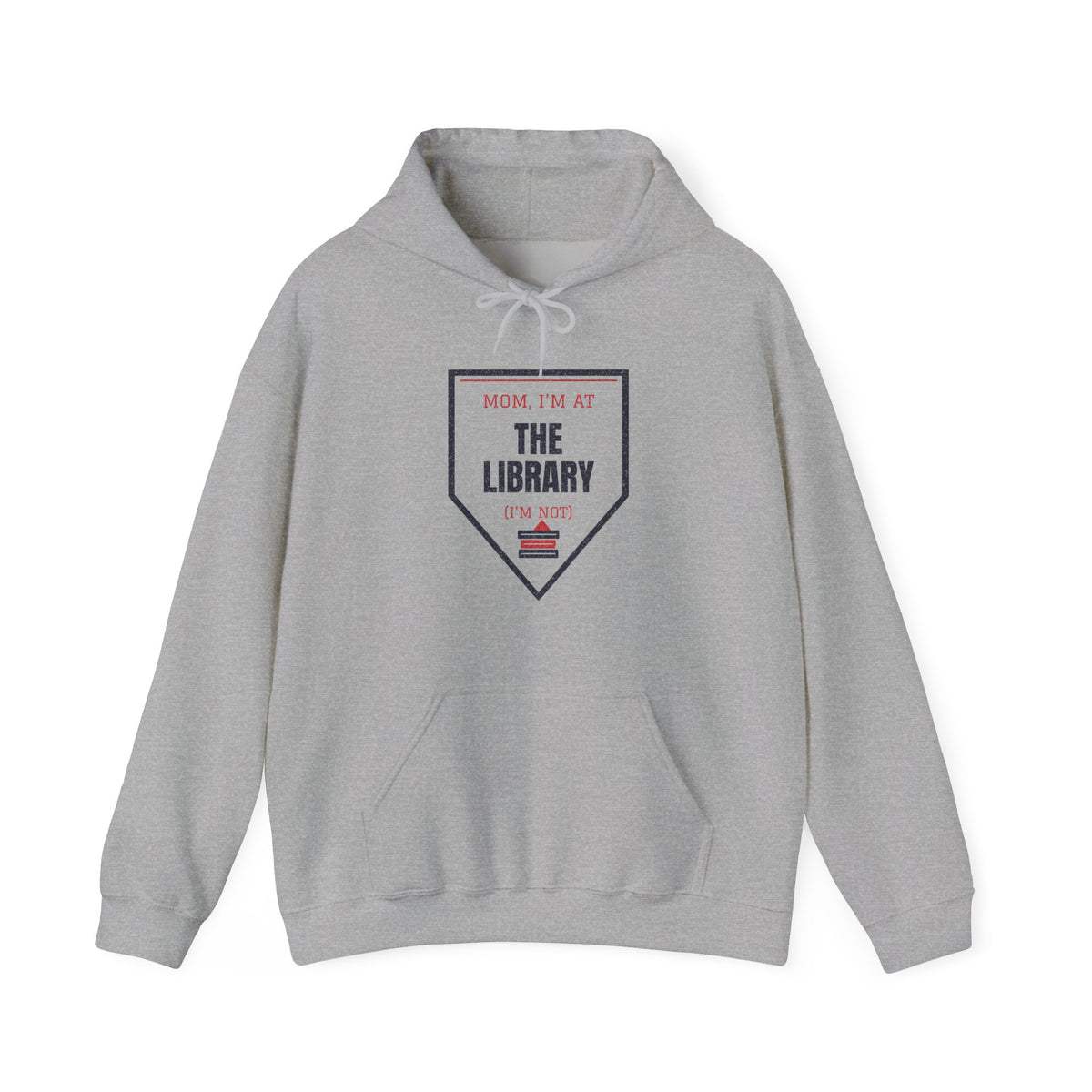 Gray college hoodie with front pouch pocket and Library graphic