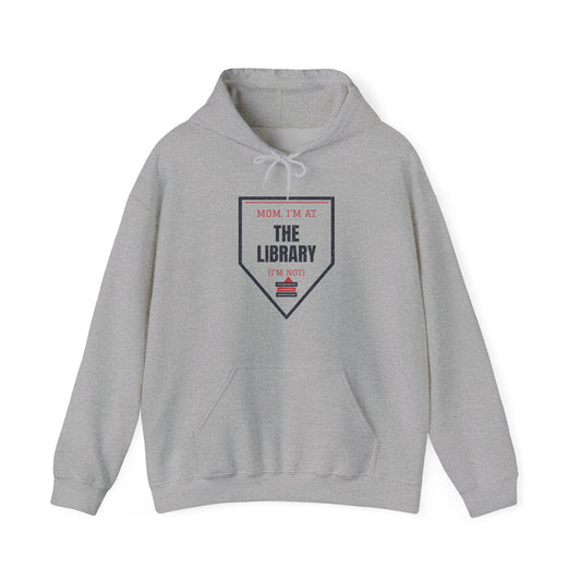 Gray college hoodie with front pouch pocket and Library graphic