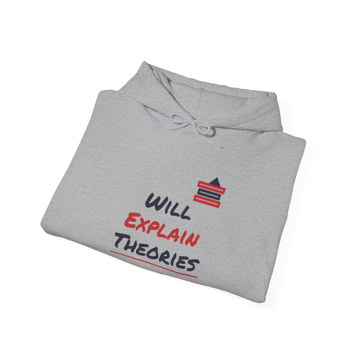 Light grey hoodie with drawstring hood and “Will Explain Theories” graphic