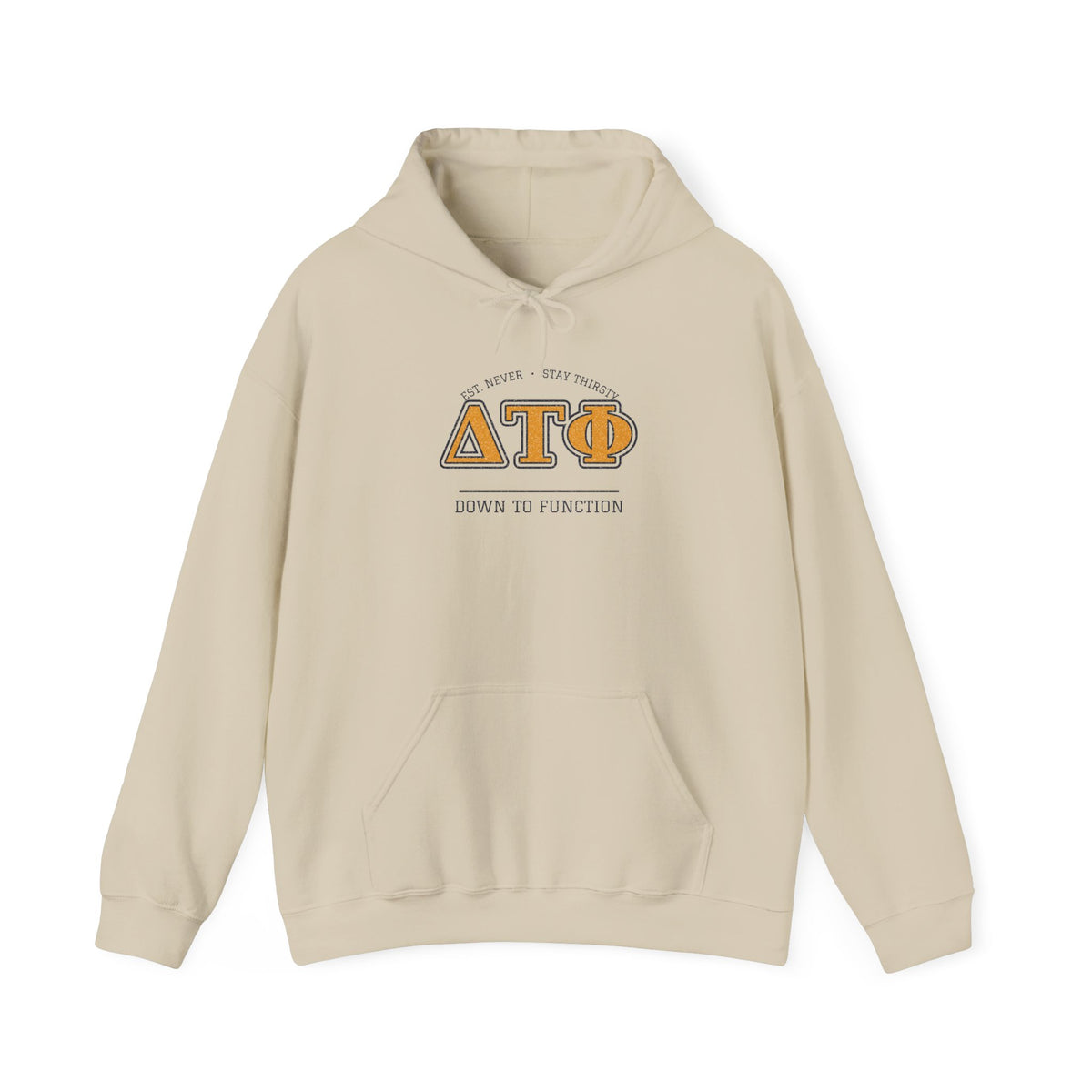 Sand hoodie with Greek letters and Down to Function chest graphic