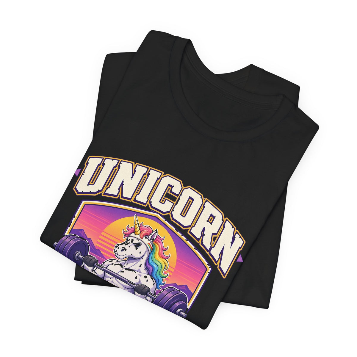 Black T-shirt with unicorn-in-training graphic, folded