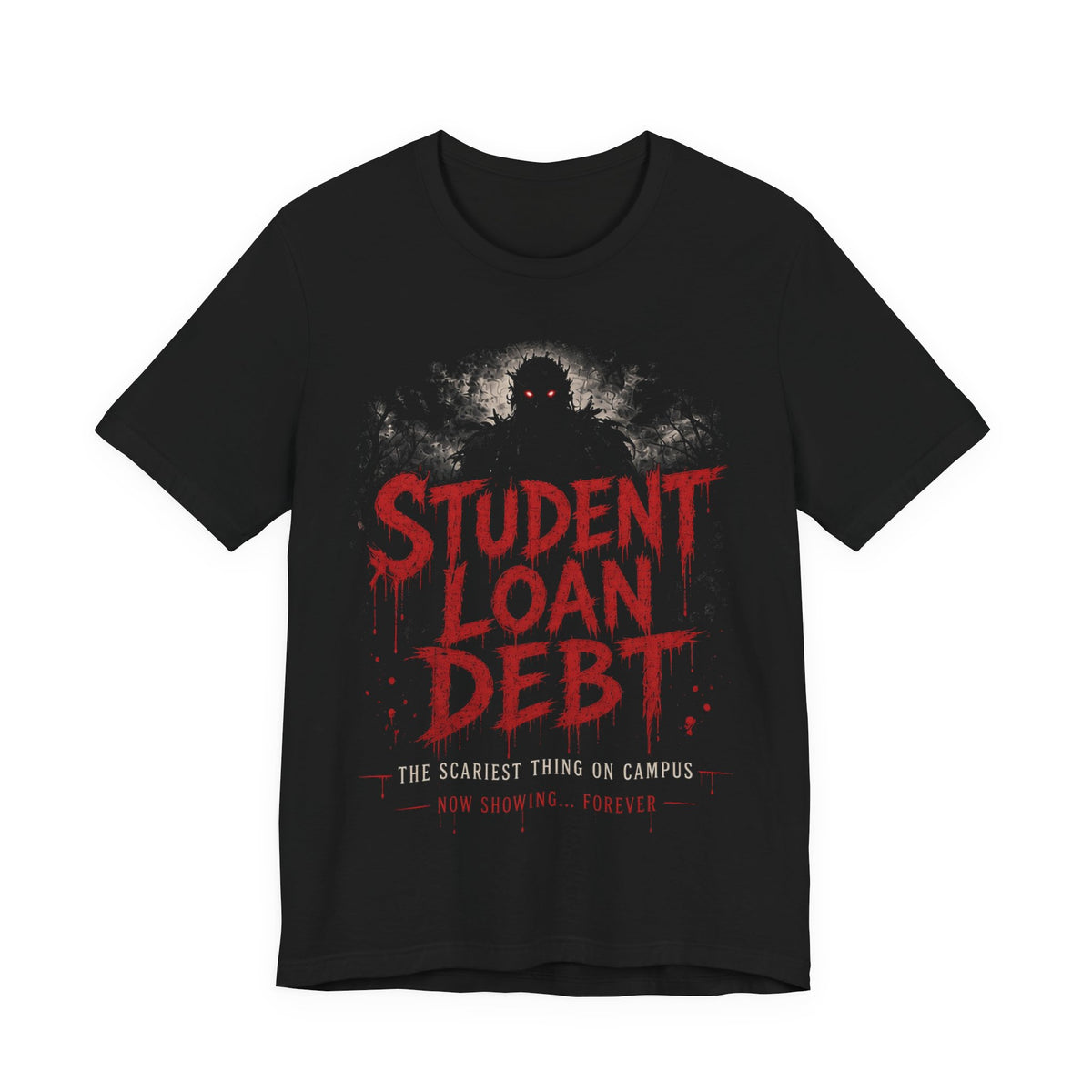 Black crewneck T-shirt with red Student Loan Debt graphic front