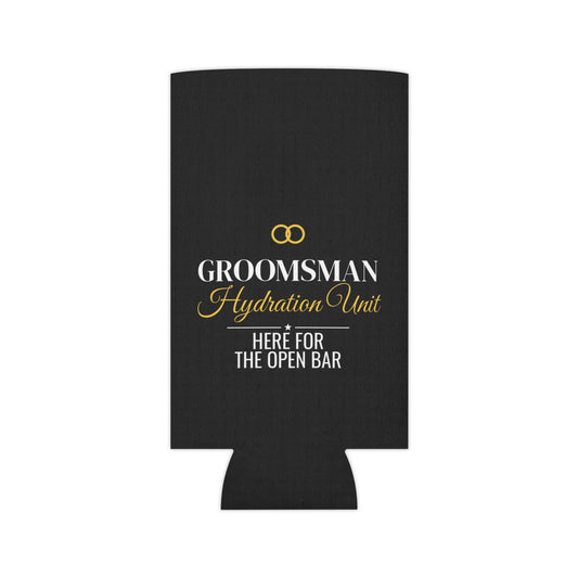 Black beverage koozie upright front with GROOMSMAN Hydration Unit logo