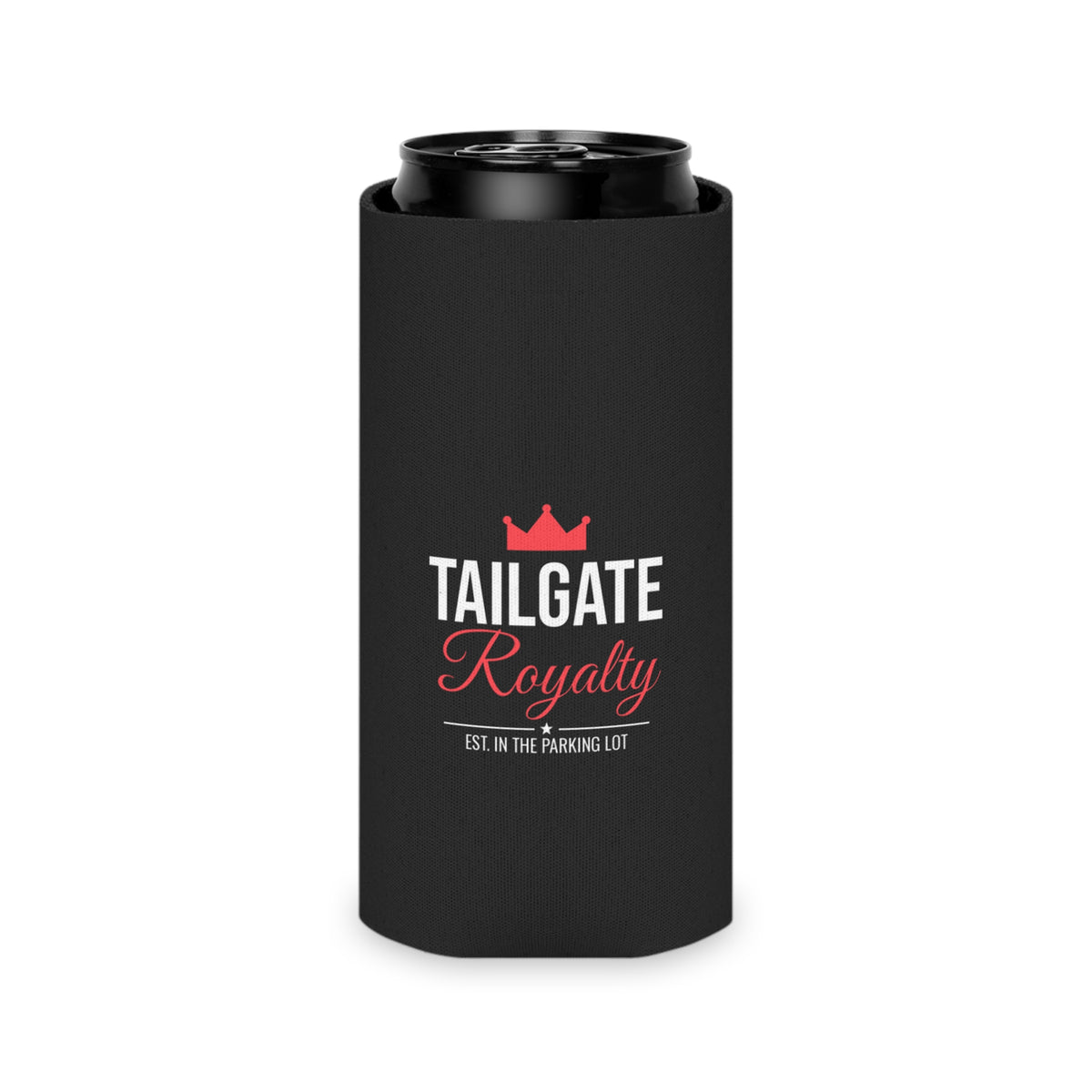 Black can cooler koozie with Tailgate Royalty branding and red crown icon