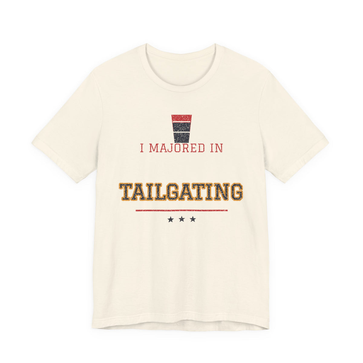Natural/cream graphic T-shirt with “I majored in Tailgating” print