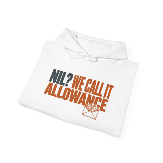Folded white hoodie with front graphic text and orange/black NIL design