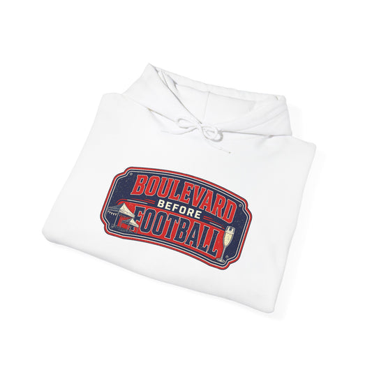White hoodie with Boulevard football graphic and adjustable drawstring hood