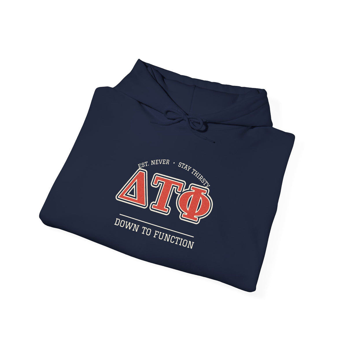 Navy hoodie with hood and chest graphic print, drawstring neckline