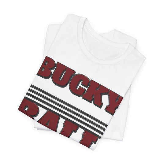 White crewneck T-shirt showing large "BUCKY BALL" graphic across front