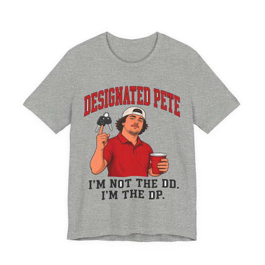 Athletic heather gray crew-neck graphic T-shirt with red and black character design
