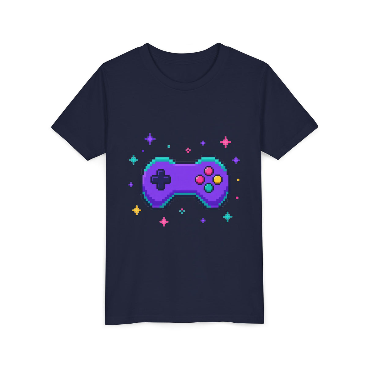 Kids T-shirt, navy short sleeves, pixel game controller graphic on front