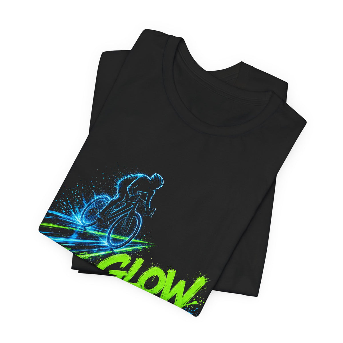 Black T-shirt, folded view, neon bicycle and “Glow Lane” graphic across chest