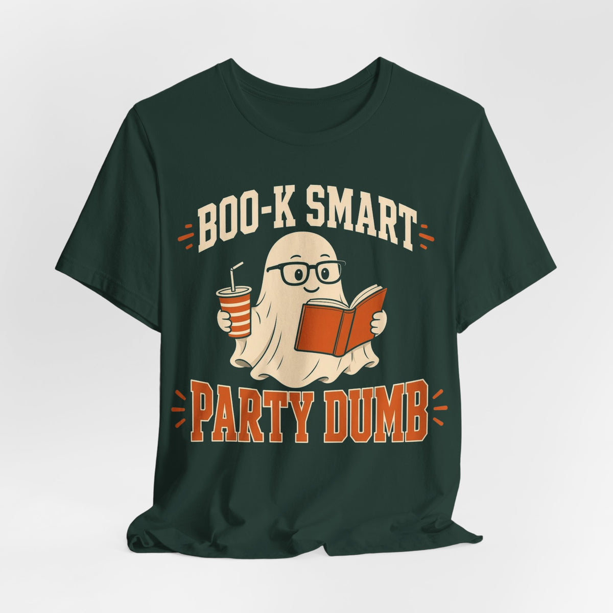 Dark green graphic T-shirt with BOO-K SMART and PARTY DUMB cartoon print