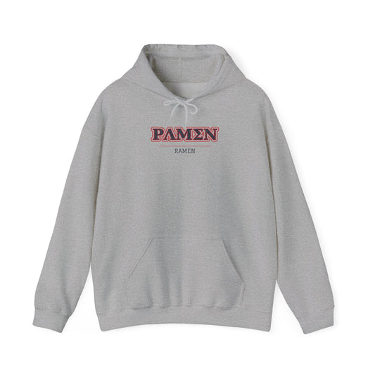 Sport gray pullover hoodie with front pouch pocket and drawstring, PAMEN RAMEN graphic