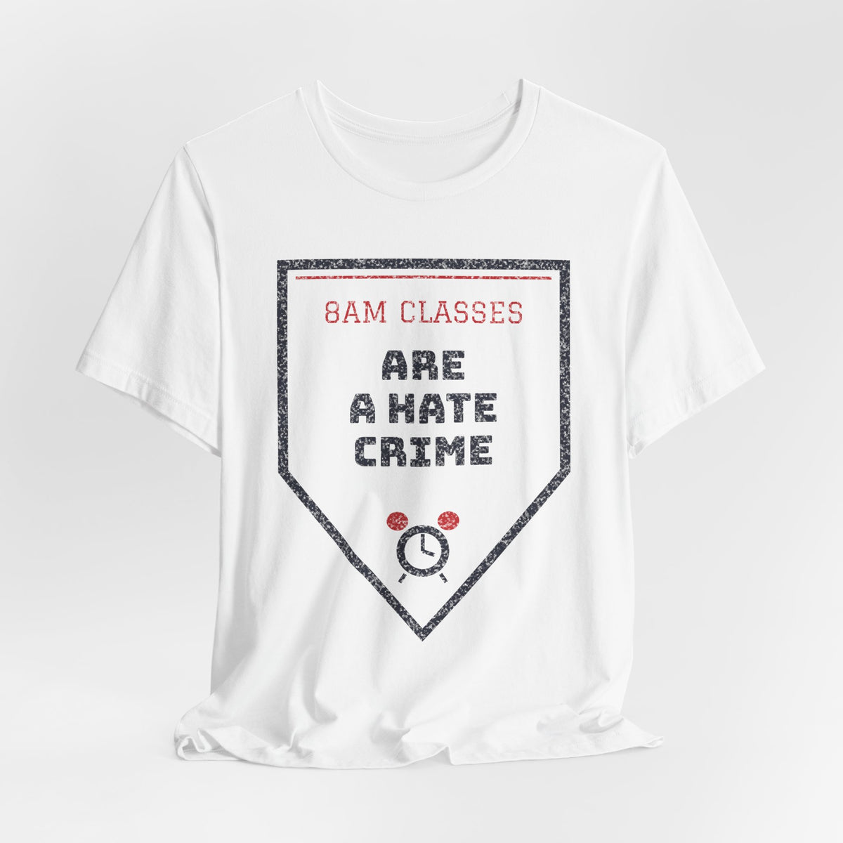 White crew-neck T-shirt with triangular “8AM CLASSES” graphic print
