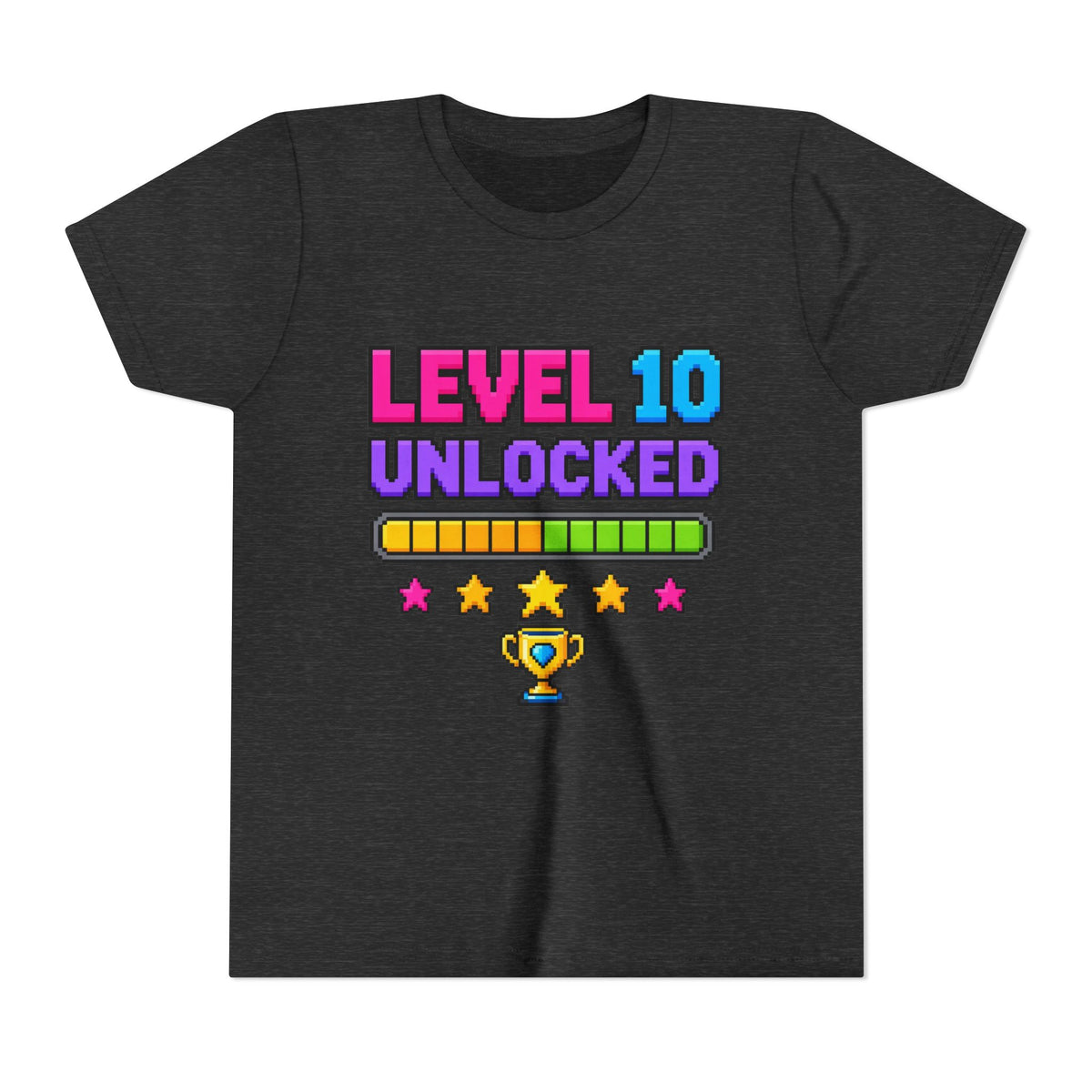 Dark charcoal kids crewneck tee with “LEVEL 10 UNLOCKED” graphic and star row