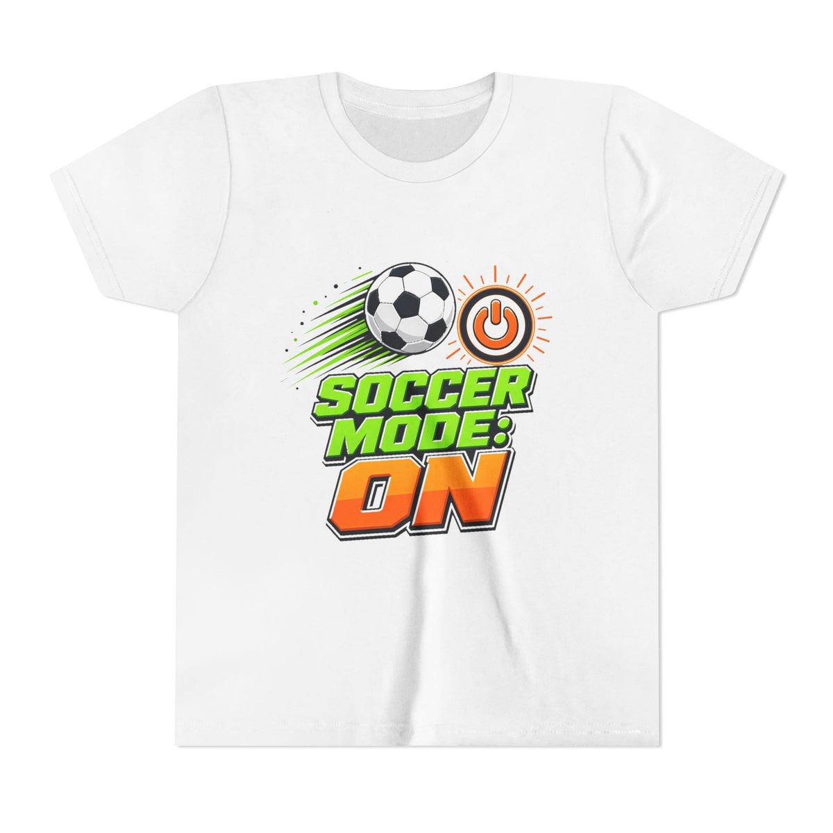 White kids T-shirt with "Soccer Mode: On" soccer graphic on the front