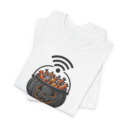 Set of white T-shirts with candy bag, Wi-Fi signal, and 'Free Candy' print