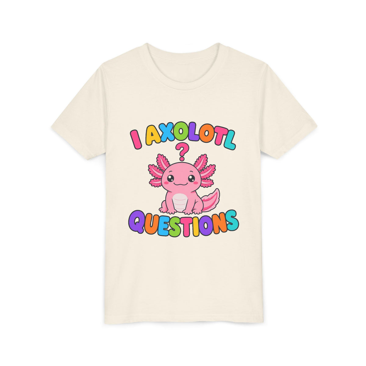 Kids natural T-shirt with pink axolotl graphic and 'Axolotl Questions' text