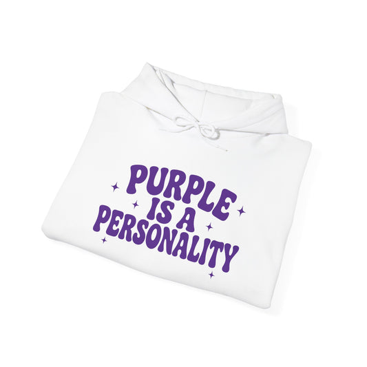 White hoodie, folded look, with purple “PURPLE IS A PERSONALITY” front graphic