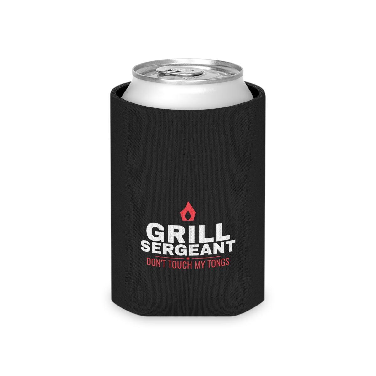 Black koozie on a silver can with 'DON'T TOUCH MY TONGS' and red flame graphic