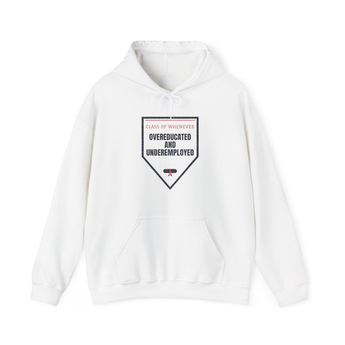 White pullover hoodie with front pocket, drawstring hood, and graduation-style graphic