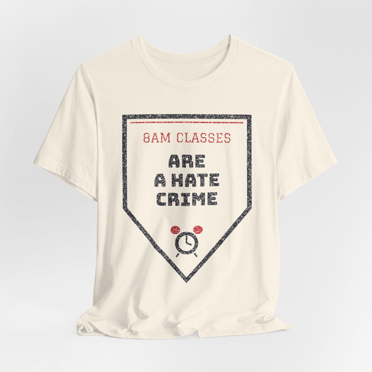 Natural/cream crew-neck T-shirt with triangular “8AM CLASSES” graphic print
