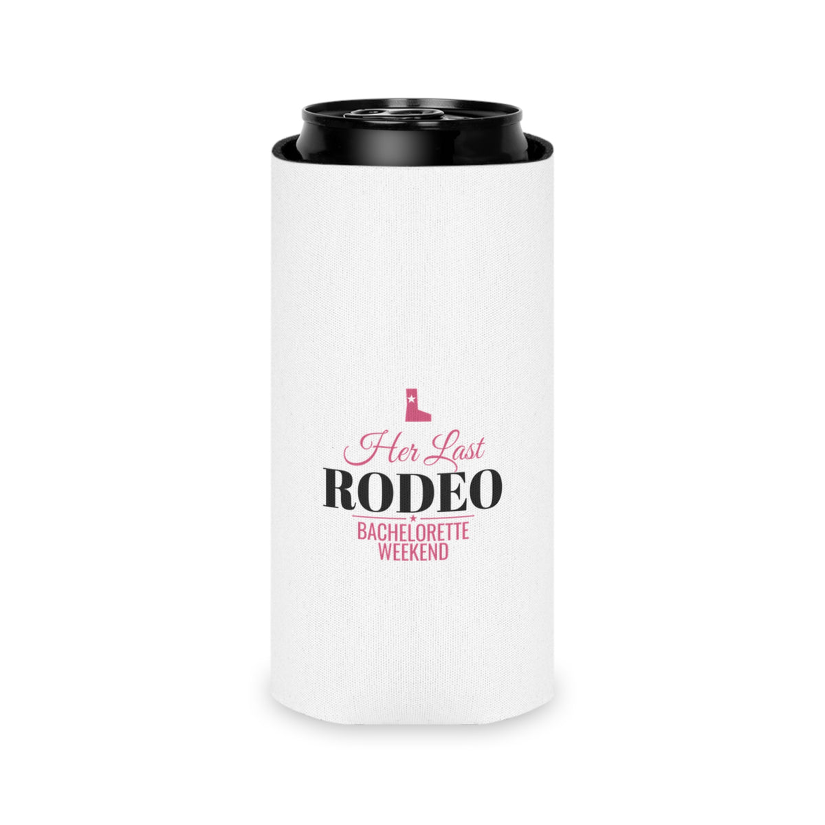 White fabric can koozie with black can top; 'Her Last RODEO' bachelorette weekend