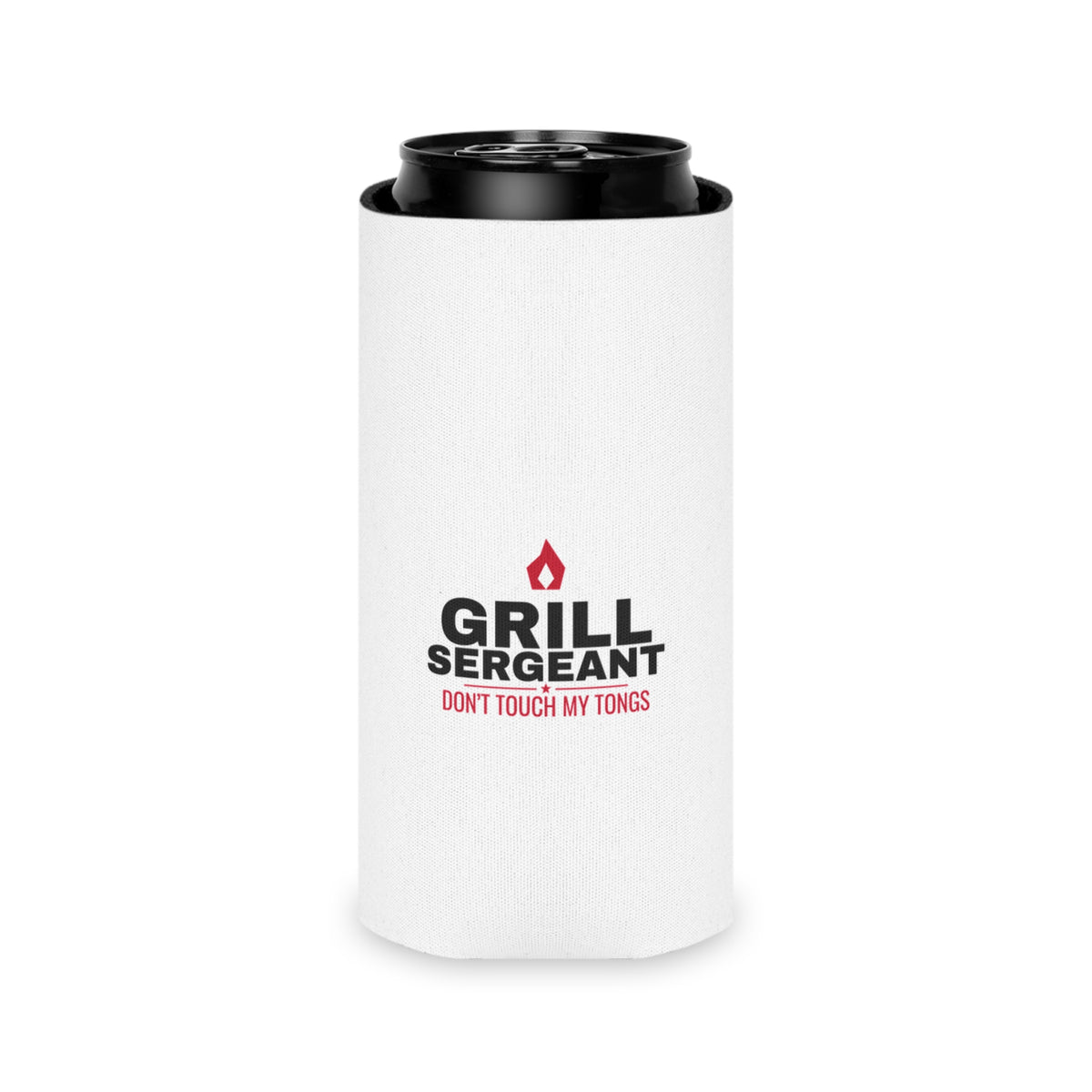 White can koozie with Grill Sergeant flame logo and red "DON'T TOUCH MY TONGS" on black can