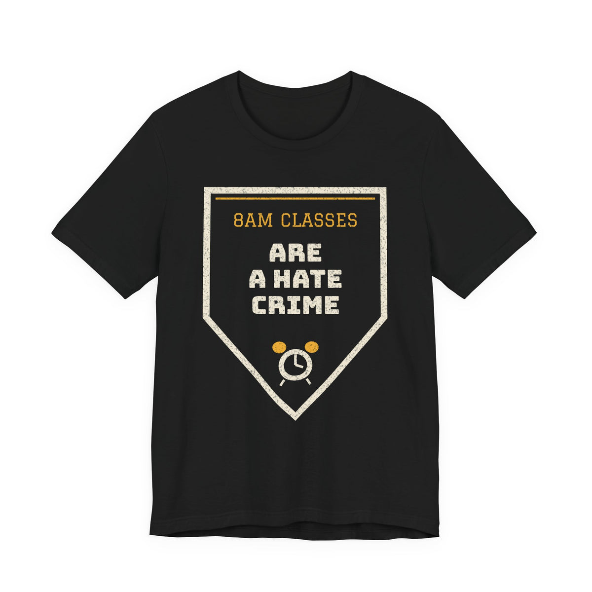 Black graphic T-shirt with '8AM CLASSES' text and hate crime emblem