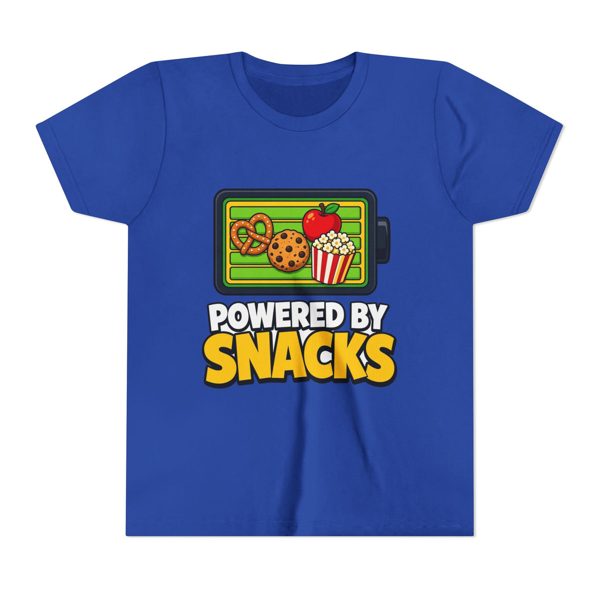 Royal blue kids graphic T-shirt with snack-themed logo front