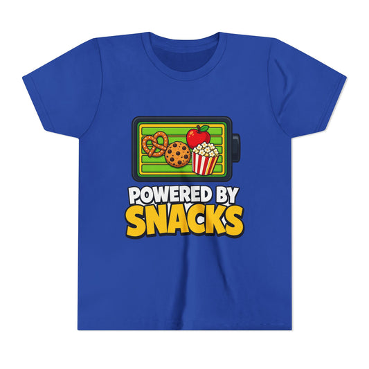 Royal blue kids graphic T-shirt with snack-themed logo front