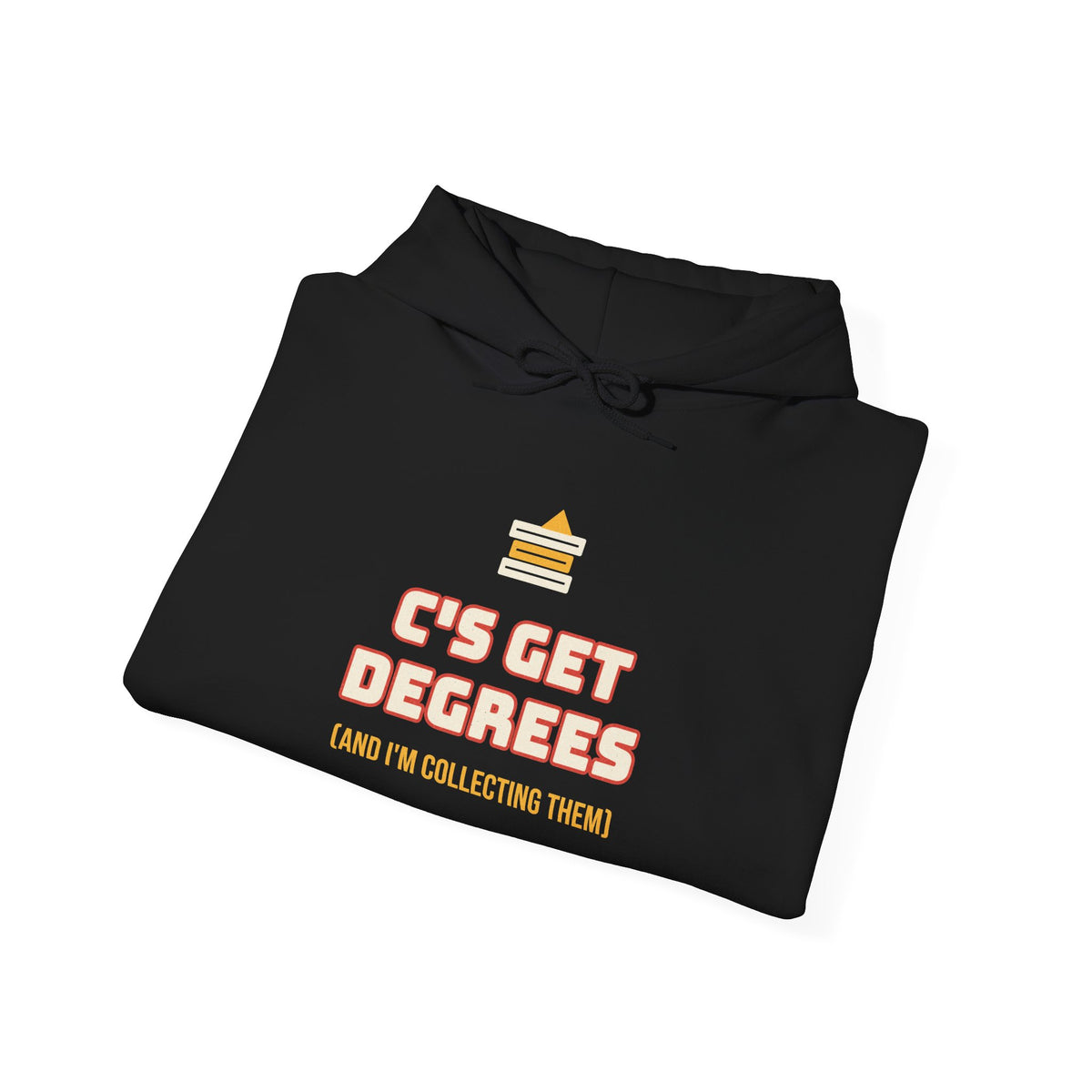 Black hoodie with colorful “C’s Get Degrees” graphic and hood drawstring