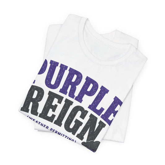 White tee with large Purple Reign text graphic, folded for close-up