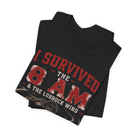 Black graphic wind tee with large distressed 8AM red print on front