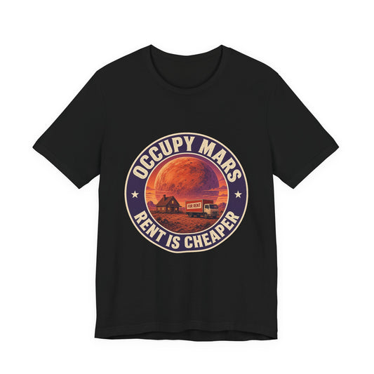 Black crewneck graphic tee shirt with round Mars-themed logo