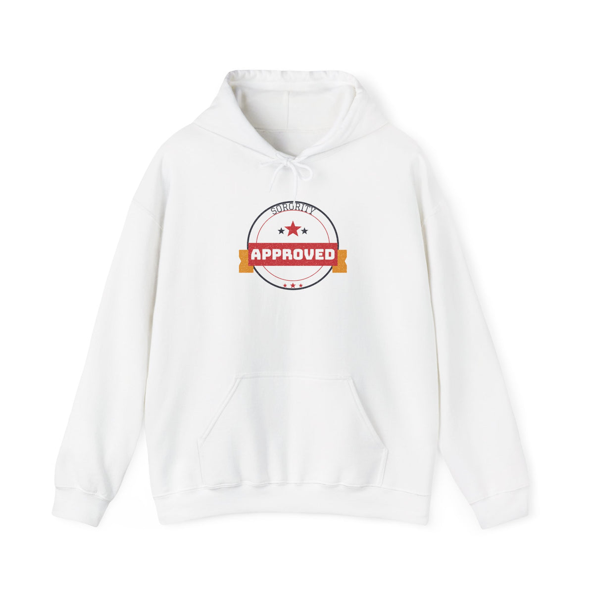 White pullover hoodie with front pocket, drawstring hood, and “Approved” emblem graphic