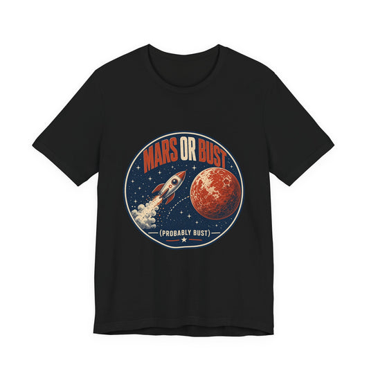 Black crewneck graphic T-shirt with Mars or Bust space logo print on chest