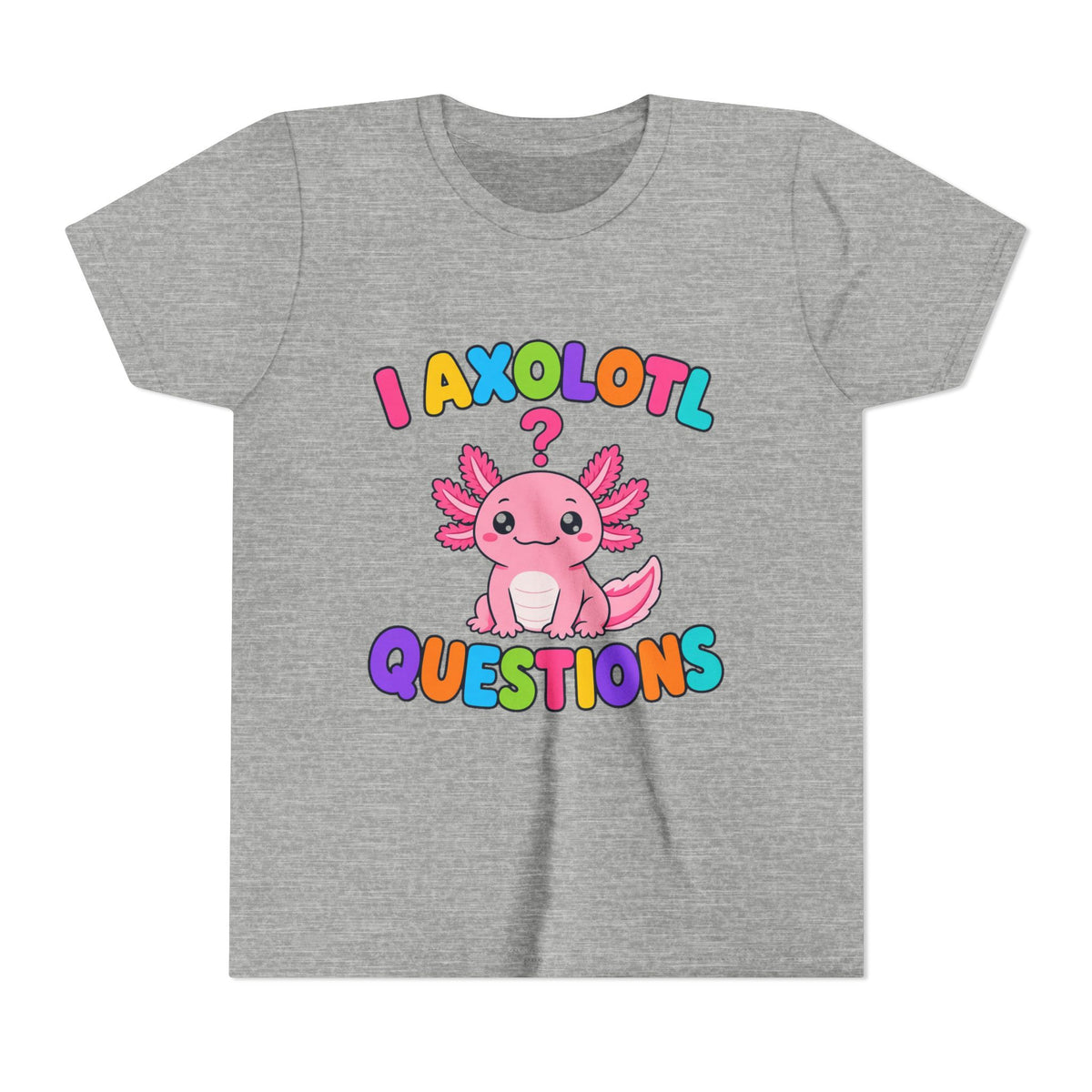 Kids graphic T-shirt in heather gray with axolotl 'Questions' design