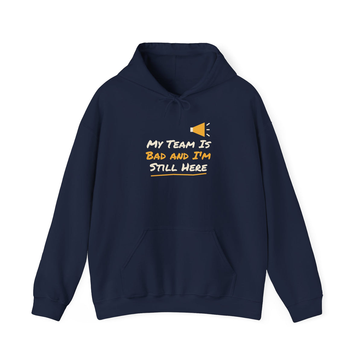 Navy college hoodie with front pocket and chest slogan graphic