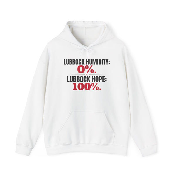 White hoodie with front pocket, hood drawstring, and "Humidity: 0%" print