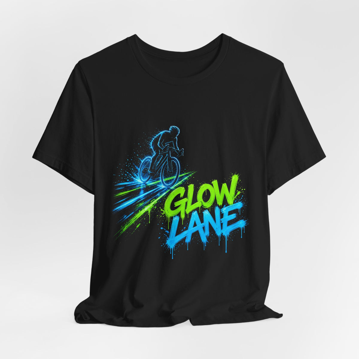 Black crewneck T-shirt with colorful neon “Glow Lane” bicycle print on front