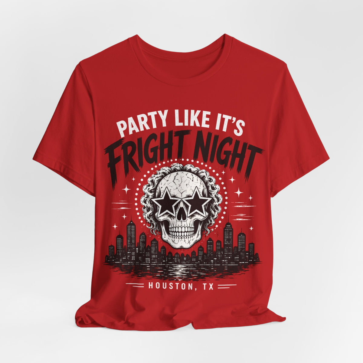 Red T-shirt with skull and city skyline graphic and 'Houston, TX' text