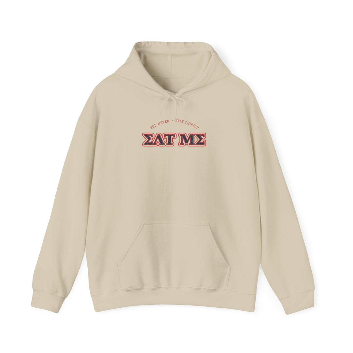 Beige pullover hoodie with hood drawstrings, kangaroo pocket, and chest graphic